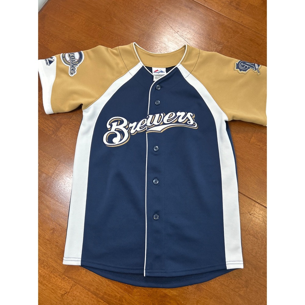 Majestic Baseball Jersey Youth Medium Blue Gold Milwaukee Brewers Braun MLB
